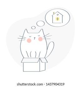 Adopt Don’t Shop  Adopt pet  homeless alone cat dreaming about new home  family   adoption  but now he is sitting in little cardboard box  Flat cute cartoon outline vector illustration white 
