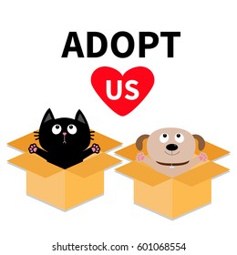 Adopt us. Dont buy. Dog Cat inside opened cardboard package box. Ready for a hug. Puppy pooch kitten cat looking up to pink heart. Pet adoption Flat design Help animal concept White background. Vector