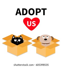 Adopt Us. Dont Buy. Dog Cat Inside Opened Cardboard Package Box. Pet Adoption. Puppy Pooch Kitten Cat Looking Up To Red Heart. Flat Design Help Homeless Animal Concept White Background Isolated Vector