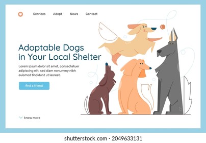 Adoptable pets in local shelter. Set of different dogs in different poses sits, howls sadly, plays with a ball. Landing page concept. Vector flat illustration.