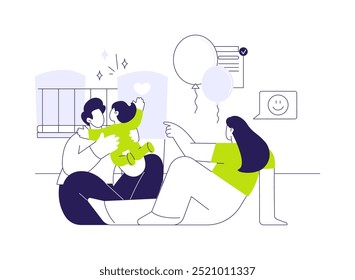 Criança adotada movendo-se em conceito abstrato de ilustração vetorial. Pais sorridentes conversando com seu filho adotivo em casa, procedimento burocrático, família feliz, tempo de infância metáfora abstrata.