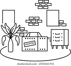 adopted pet box inside cozy room outline concept, Feline Retreat or Cat Sanctuary vector icon design, Pet foster and hotel Symbol, kennel animals Sign, Human-animal interaction scene illustration