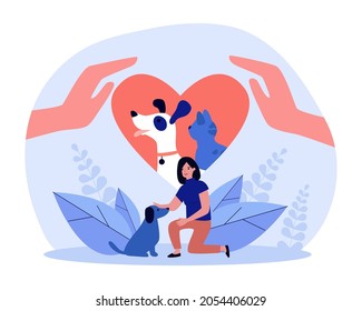 Adopted pets in human heart. Woman loving dog, adopting homeless puppy flat vector illustration. Adoption, love to animals and charity care concept for banner, website design or landing web page