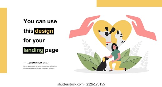 Adoptaron mascotas en el corazón humano. Perro amante de la mujer, adoptando ilustración vectorial plana de cachorro sin hogar. Adopción, amor a los animales y concepto de cuidado de caridad para banner, diseño de sitios web o página web de aterrizaje