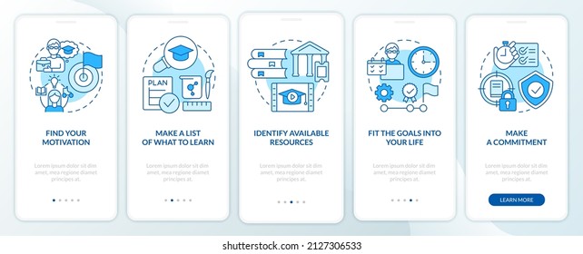Adopting lifelong learning blue onboarding mobile app screen. Walkthrough 5 steps graphic instructions pages with linear concepts. UI, UX, GUI template. Myriad Pro-Bold, Regular fonts used
