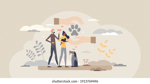 Adopting Pet As Giving Homeless Dog Or Cat Shelter Home Tiny Person Concept. Animal Protection And Loving By Family Or Couple Vector Illustration. Take Care About Lost Kittens Or Puppy. Paw In Hands.