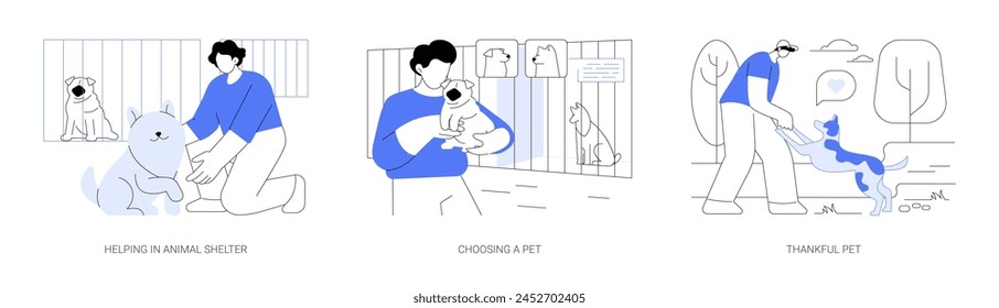 Adoptando un conjunto de Ilustraciones vectoriales de dibujos animados aislados de mascota. Ayudar en un refugio, voluntariado, elegir un perro para la adopción, feliz con una nueva mascota, actitud responsable hacia los animales Vector de dibujos animados.