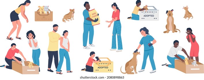 Adopting pets semi flat color vector character set. Posing figures. Full body people on white. Rescue animals isolated modern cartoon style illustration for graphic design and animation collection