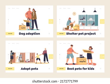Adopting pets from shelter concept of template landing pages set with happy families taking dogs and cats home. Cheerful people adopt abandoned puppy and kitty. Cartoon flat vector illustration