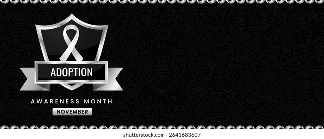 Adoption Awareness Month banner, with White ribbon, shield design.
