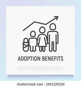 Adoption benefits thin line icon: family with child and baby and graph of growth. Modern vector illustration.