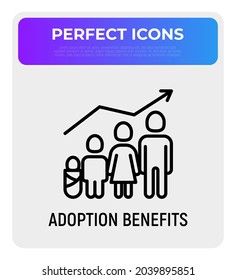 Adoption benefits thin line icon, family with child and baby and graph of growth. Modern vector illustration.