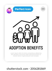 La adopción beneficia al icono de línea delgada, a la familia con hijos y bebés y al gráfico de crecimiento. Ilustración vectorial moderna.