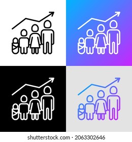 Adoption benefits thin line icon, family with child and baby and graph of growth. Modern vector illustration.