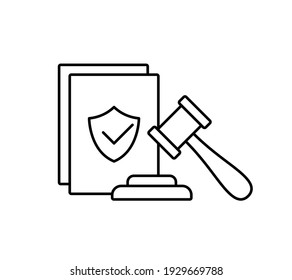 Adoption of bill. Linear icon of paper, gavel with stand. Black simple illustration of judgment, code of conduct, passing laws. Contour isolated vector pictogram on white background