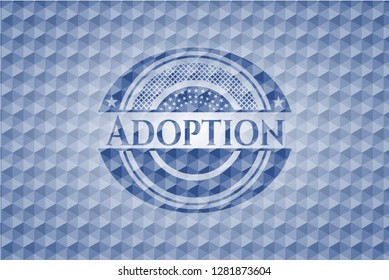 Adoption blue badge with geometric pattern background.