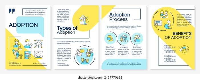 Adoption blue and yellow brochure template. Becoming parents. Leaflet design with linear icons. Editable 4 vector layouts for presentation, annual reports. Questrial, Lato-Regular fonts used