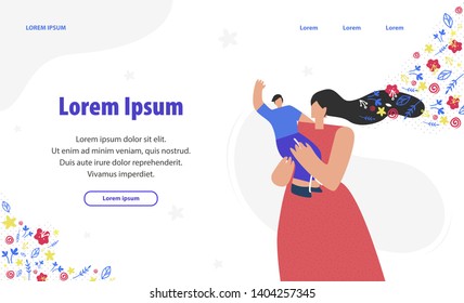 Adoption Center Flat Landing Page Vector Template. Woman and Little Boy Cartoon Characters. Single Mothers Support Forum Homepage Design. Childcare, Parenting Advice Website Concept with Text Space