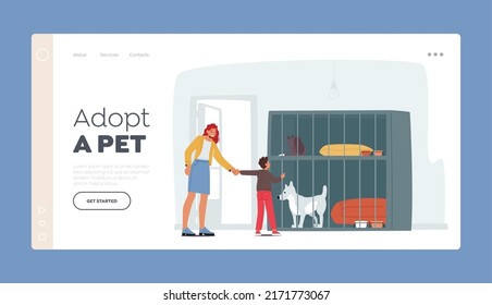 Adoption Center for Stray and Homeless Dogs Landing Page Template. Smiling Young Woman with Son Adopting Pet from Animal Pound, Mom with Little Boy Visiting Shelter. Cartoon People Vector Illustration