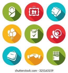 Adoption of a child by adoptive parents icons set. Vector Illustration.