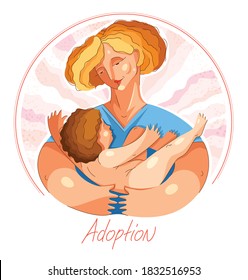 Adoption child vector illustration in special personal style, accepted adopted baby, parenting family and care, loving hugging hands, happy beloved kid.