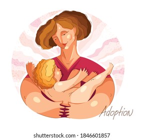 Adoption Kind Vektorgrafik in besonderer persönlicher Art, akzeptiertes Baby, Elternfamilie und Betreuung, liebevolle Händchen, glückliches geliebtes Kind.