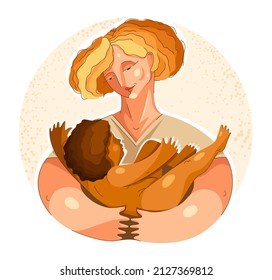 La adopción de la ilustración del vector infantil en un estilo personal especial, el bebé adoptado aceptado, la familia y el cuidado de los padres, las manos de abrazo amorosas, el niño feliz y querido.