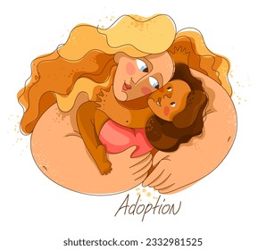 Adoption child vector illustration in special personal style, accepted adopted baby, parenting family and care, loving hugging hands, happy beloved kid.