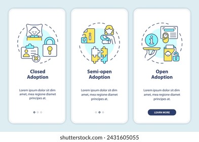 Adoption classification onboarding mobile app screen. Child custody walkthrough 3 steps editable graphic instructions with linear concepts. UI, UX, GUI template