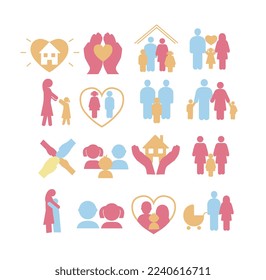 Adoption clorful icons set. Collection of stickers for social media and messengers. Lesbian or gay family with adopted children. Cartoon flat vector illustrations isolated on white background