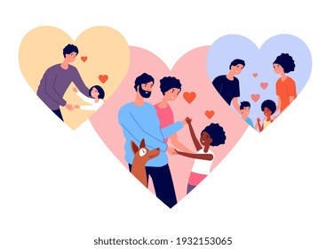 Adoption concept. Pet and child adopted, relationship adult and children. Love or charity, cartoon parenthood society utter vector illustration