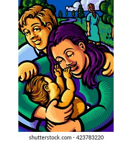 Adoption. A couple cradles a new baby as a woman walks away behind them.