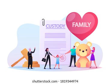 Adoption, Custody and Childcare Concept. Social Worker Female Character Bringing Orphan Child to New Parents with Soft Bear. Judge with Mallet, Couple Adopt Girl. Cartoon People Vector Illustration