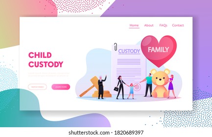 Adoption, Custody or Childcare Landing Page Template. Social Worker Character Bring Orphan Child to New Parents with Soft Bear. Judge with Mallet, Couple Adopt Girl. Cartoon People Vector Illustration