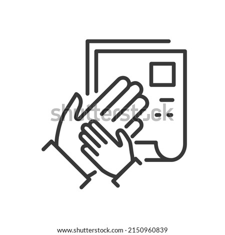 Adoption documents - vector line design single isolated icon on white background. High quality black pictogram. Image of hand of parent and child together on official papers. Happy childhood idea