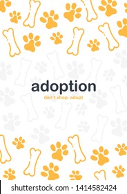 Adoption. Dont Shop Adopt. Banner with cat or dog paws. Hand draw doodle background