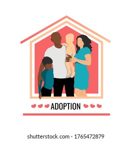 Adoption family with adopted child  on house background. Multinational family mother, father, adopt caucasian baby and afro american kid. Vector illustration