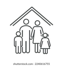 Adoption family with kids. Man and woman with daughter and son under roof, responsible society and social support for big families. Graphic element for website. Cartoon flat vector illustration