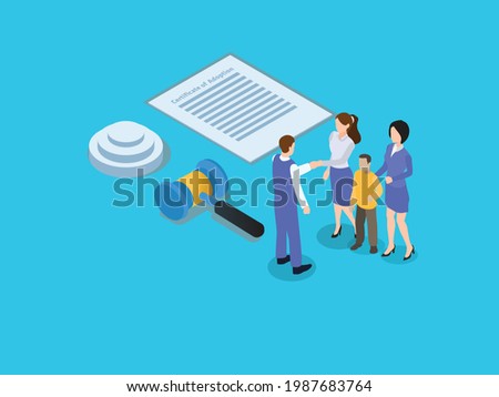 Adoption isometric vector concept. Lesbian couple with certificate of adoption adopting male orphan and handshaking to a lawyer