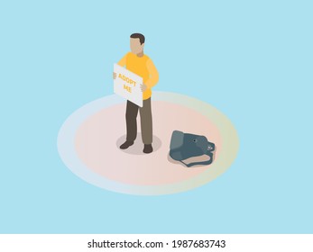 Adoption isometric vector concept. Little boy showing adoption text with a banner