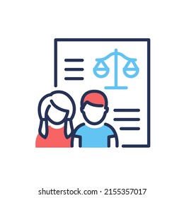 Adoption judgment - vector line design single isolated icon on white background. High quality black pictogram with red and blue colors. Image of boy and girl who got custody. New family idea