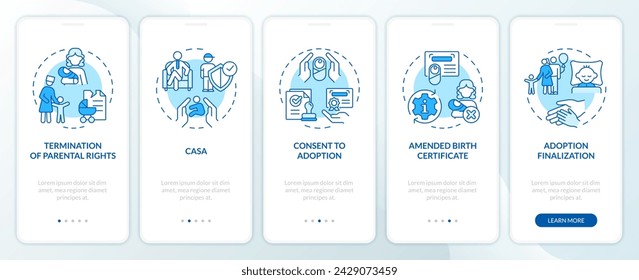 Adoption laws blue onboarding mobile app screen. Legal process walkthrough 5 steps editable graphic instructions with linear concepts. UI, UX, GUI template. Myriad Pro-Bold, Regular fonts used