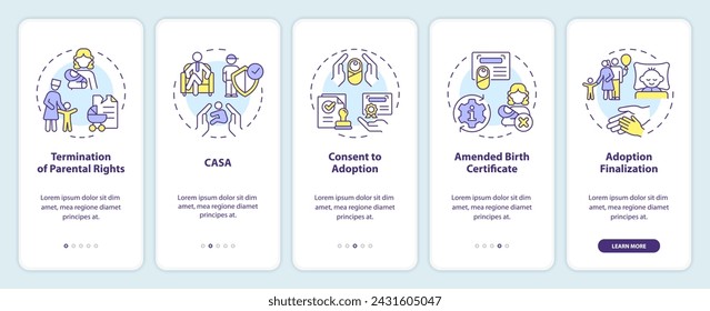 Adoption laws onboarding mobile app screen. Legal process walkthrough 5 steps editable graphic instructions with linear concepts. UI, UX, GUI template