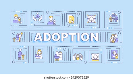 Adoption light blue word concept. Child custody. Become parents.Typography banner. Flat design. Vector illustration with title text, editable line icons. Ready to use. Arial Black font used