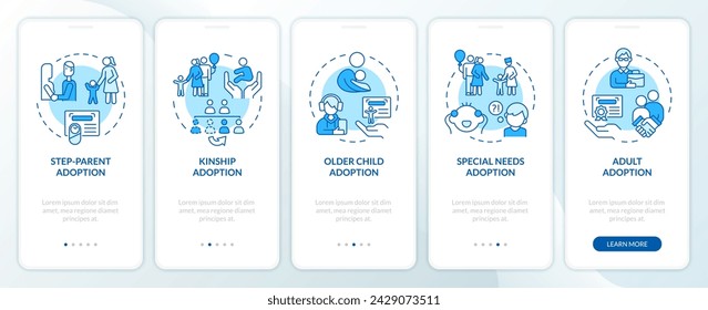 Adoption options blue onboarding mobile app screen. Child custody walkthrough 5 steps editable graphic instructions with linear concepts. UI, UX, GUI template. Myriad Pro-Bold, Regular fonts used