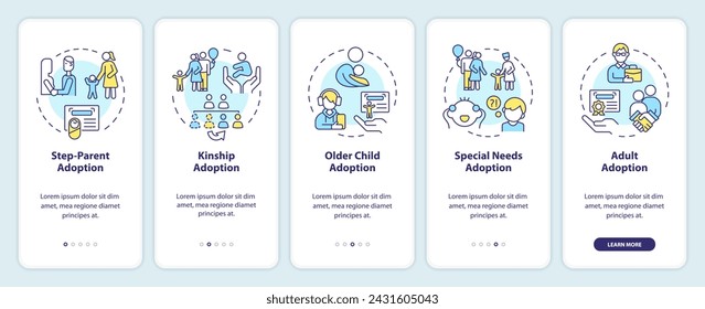 Adoption options onboarding mobile app screen. Child custody walkthrough 5 steps editable graphic instructions with linear concepts. UI, UX, GUI template