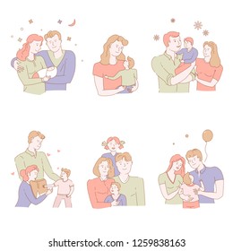 Adoption of orphan or child in family pastel color isolated icons mother and father holding newborn baby step-parents for lonely kid adopted daughter or son moon and flower or balloon vector.