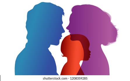 Adoption. Pair of parents adopt a child. Vector color profile silhouette