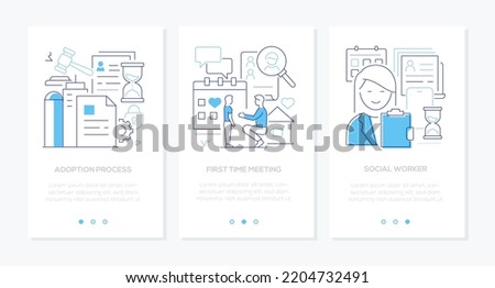 Adoption and parenthood - line design style banners set with place for text. Legitimate parenthood transfer process, first time meeting, social worker. Official process, new family, happy childhood