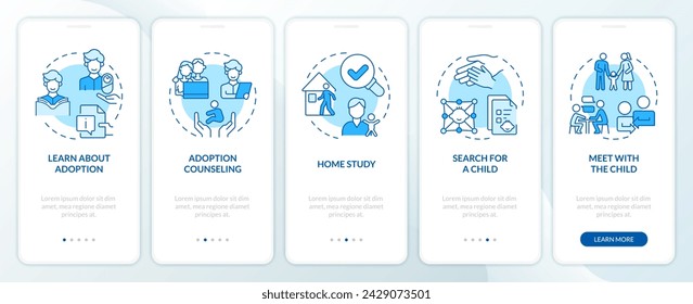 Adoption process blue onboarding mobile app screen. Preparation walkthrough 5 steps editable graphic instructions with linear concepts. UI, UX, GUI template. Myriad Pro-Bold, Regular fonts used